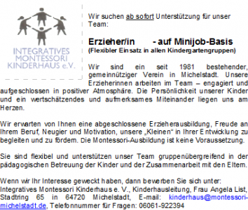 Erzieher/in – auf Minijob-Basis gesucht – Integratives Montessori